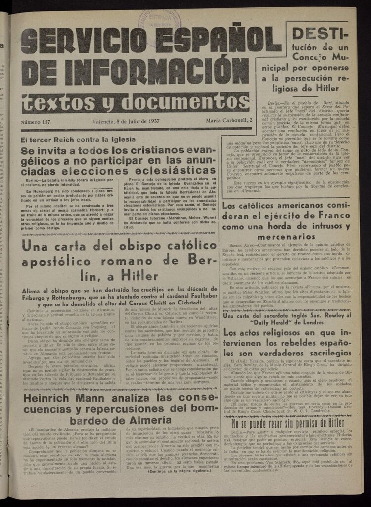 Miniatura de Servicio Español de Información : textos y documentos del 8 de julio de 1937, nº 157