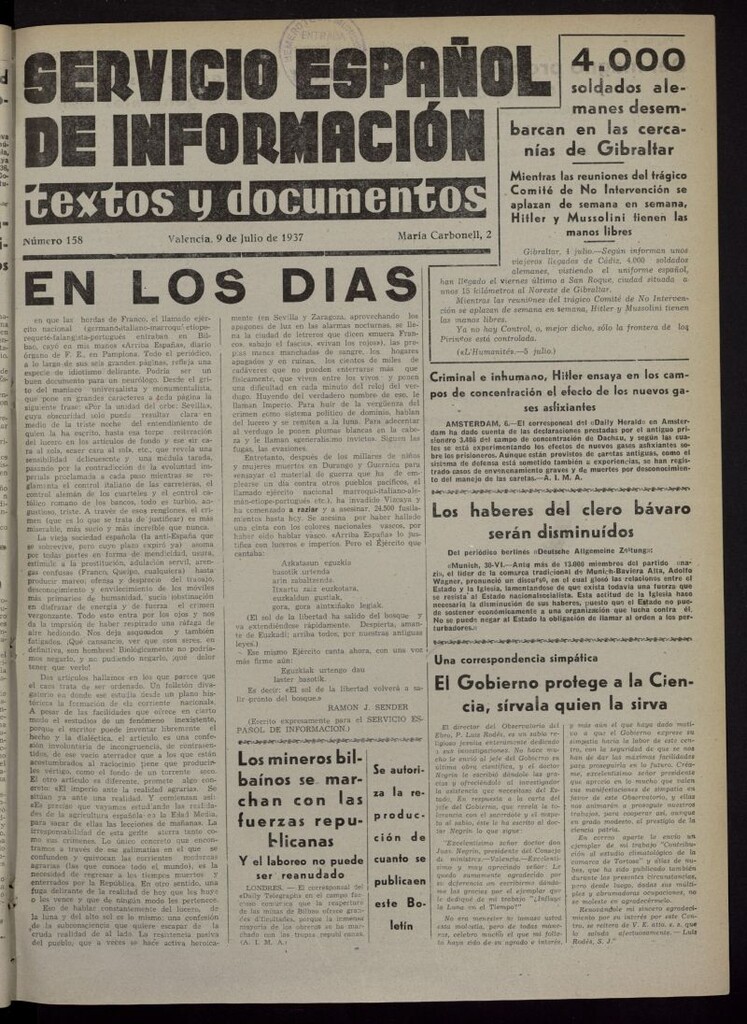 Miniatura de Servicio Español de Información : textos y documentos del 9 de julio de 1937, nº 158