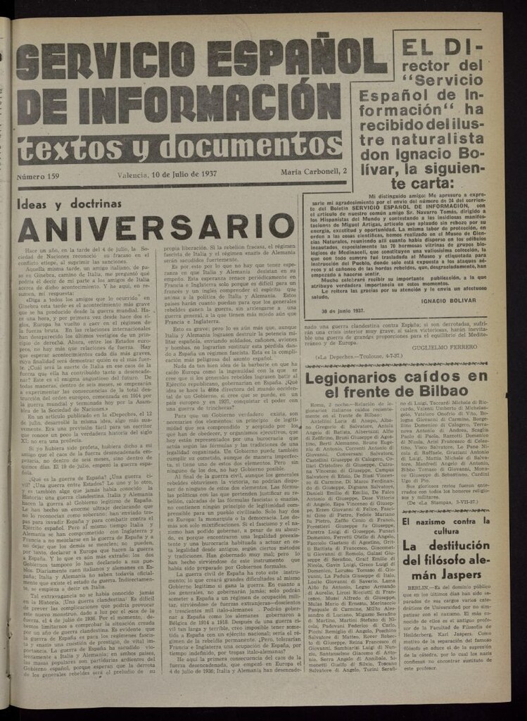 Miniatura de Servicio Español de Información : textos y documentos del 10 de julio de 1937, nº 159