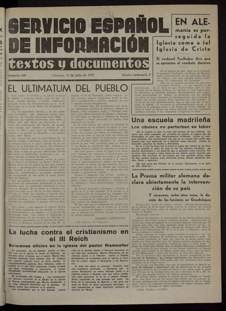 Miniatura de Servicio Español de Información : textos y documentos del 11 de julio de 1937, nº 160