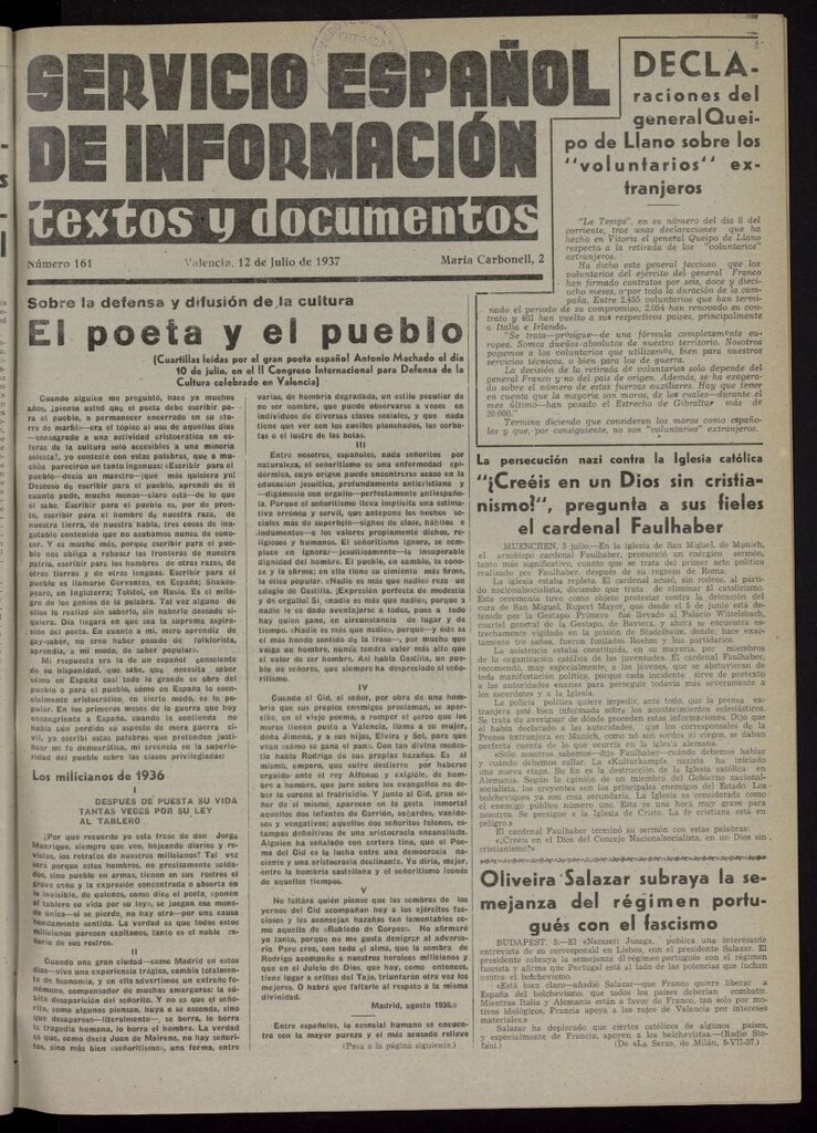 Miniatura de Servicio Español de Información : textos y documentos del 12 de julio de 1937, nº 161