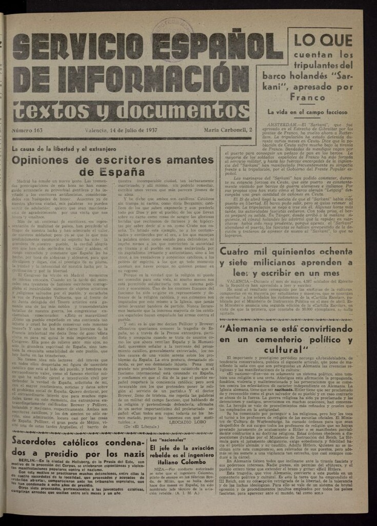 Miniatura de Servicio Español de Información : textos y documentos del 14 de julio de 1937, nº 163