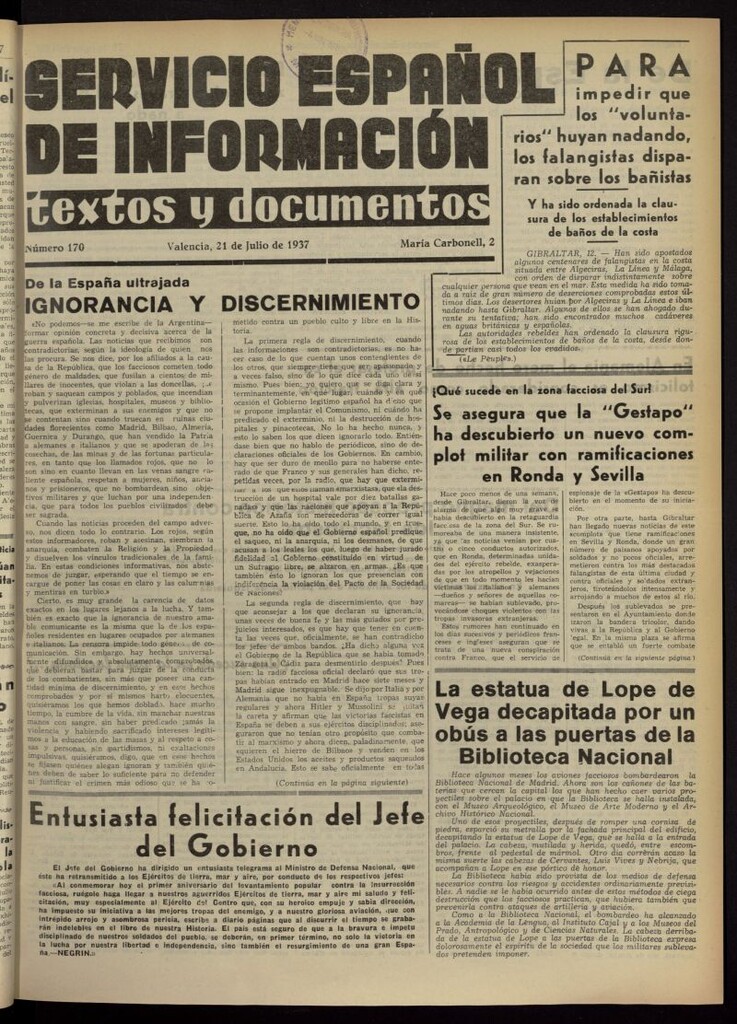 Miniatura de Servicio Español de Información : textos y documentos del 21 de julio de 1937, nº 170