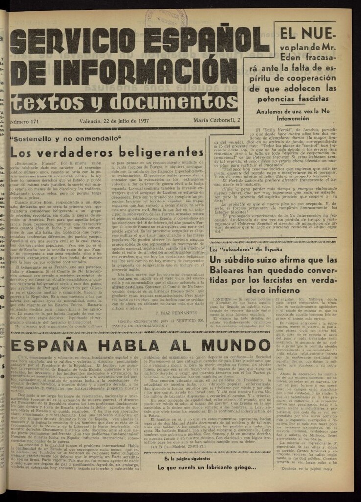 Miniatura de Servicio Español de Información : textos y documentos del 22 de julio de 1937, nº 171