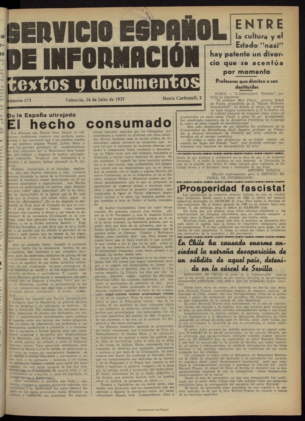 Miniatura de Servicio Español de Información : textos y documentos del 24 de julio de 1937, nº 173