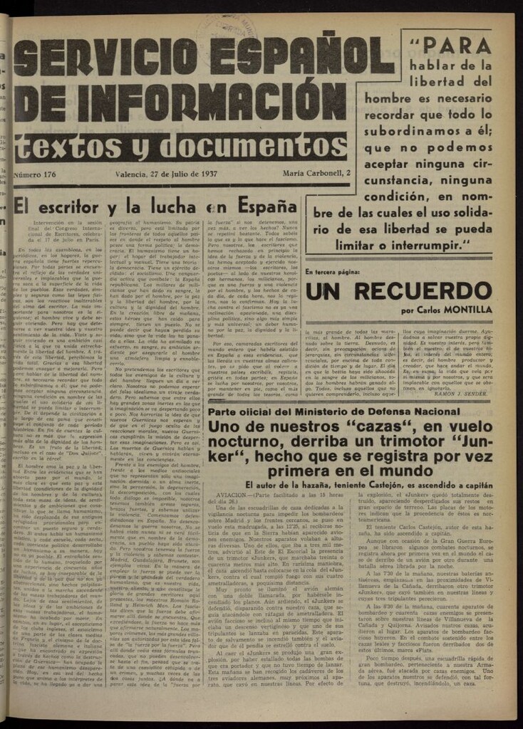 Miniatura de Servicio Español de Información : textos y documentos del 27 de julio de 1937, nº 176