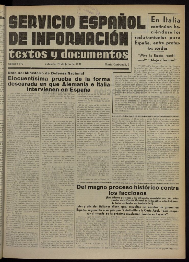 Miniatura de Servicio Español de Información : textos y documentos del 28 de julio de 1937, nº 177