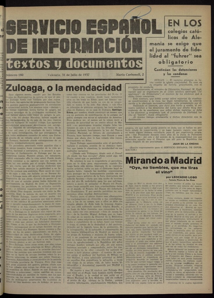 Miniatura de Servicio Español de Información : textos y documentos del 31 de julio de 1937, nº 180
