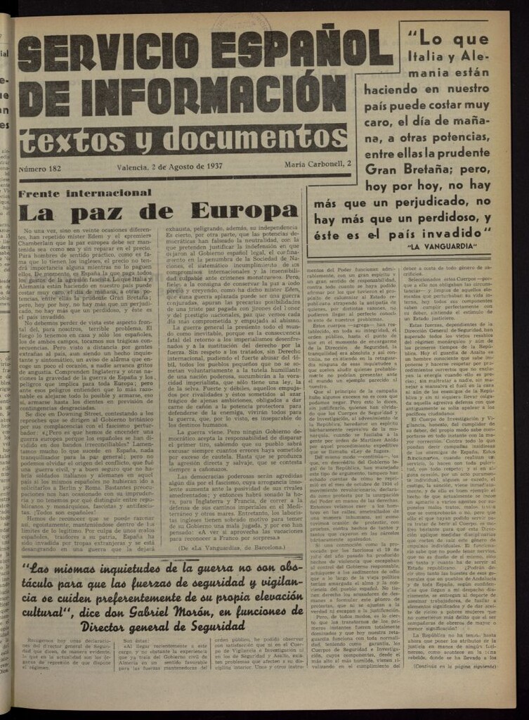 Miniatura de Servicio Español de Información : textos y documentos del 2 de agosto de 1937, nº 182