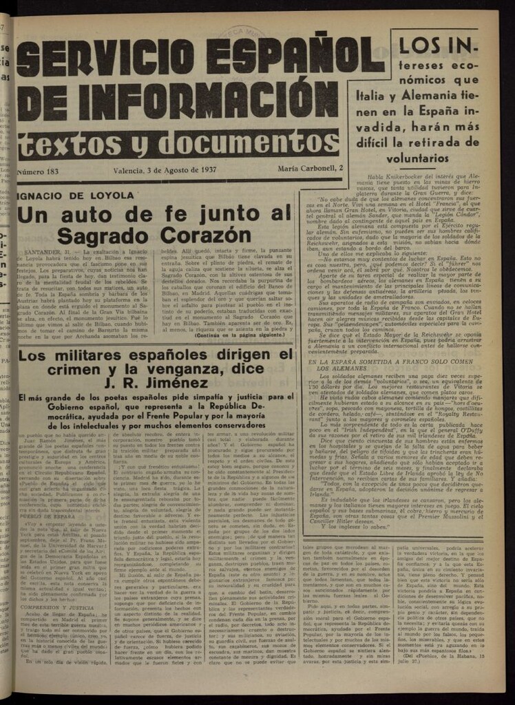 Miniatura de Servicio Español de Información : textos y documentos del 3 de agosto de 1937, nº 183