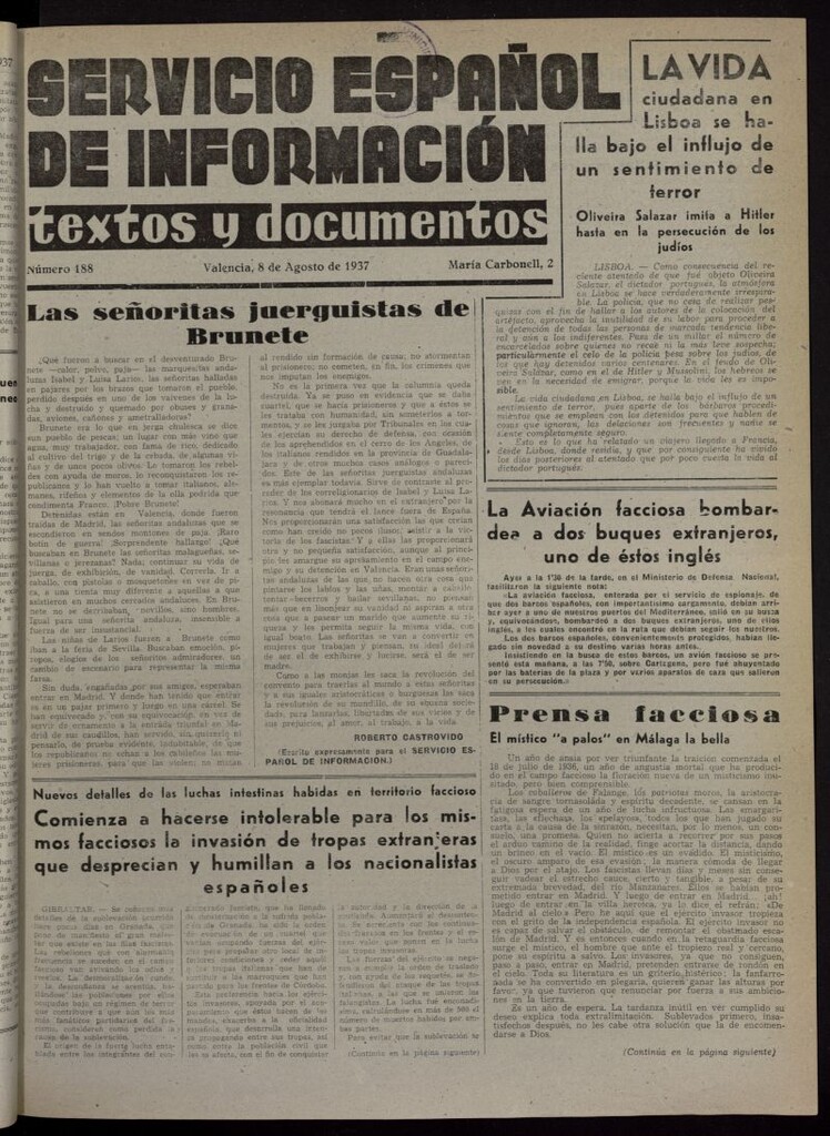 Miniatura de Servicio Español de Información : textos y documentos del 8 de agosto de 1937, nº 188