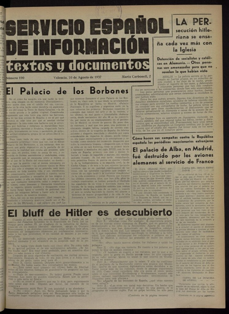 Miniatura de Servicio Español de Información : textos y documentos del 10 de agosto de 1937, nº 190