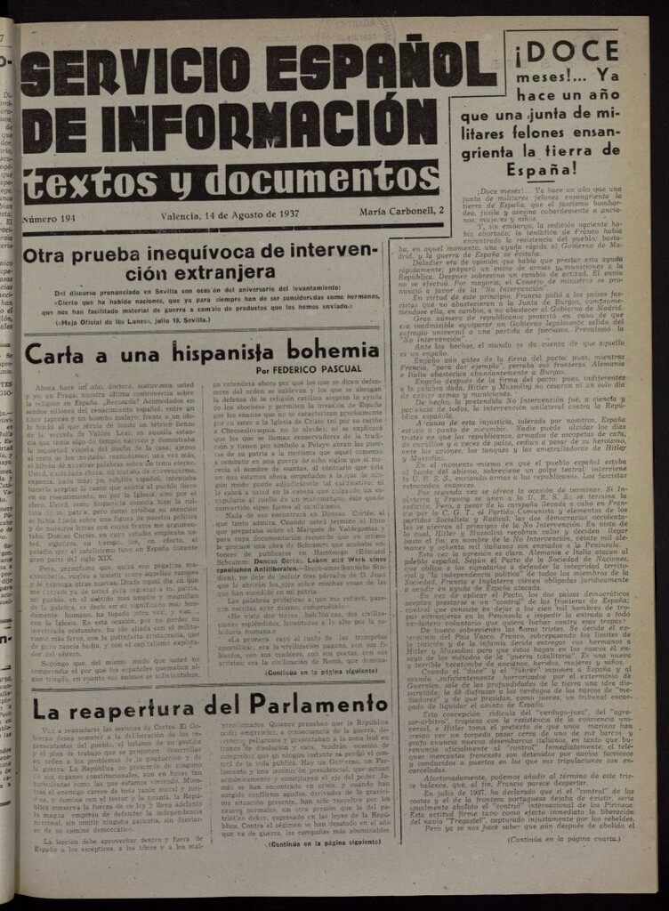 Miniatura de Servicio Español de Información : textos y documentos del 14 de agosto de 1937, nº 194