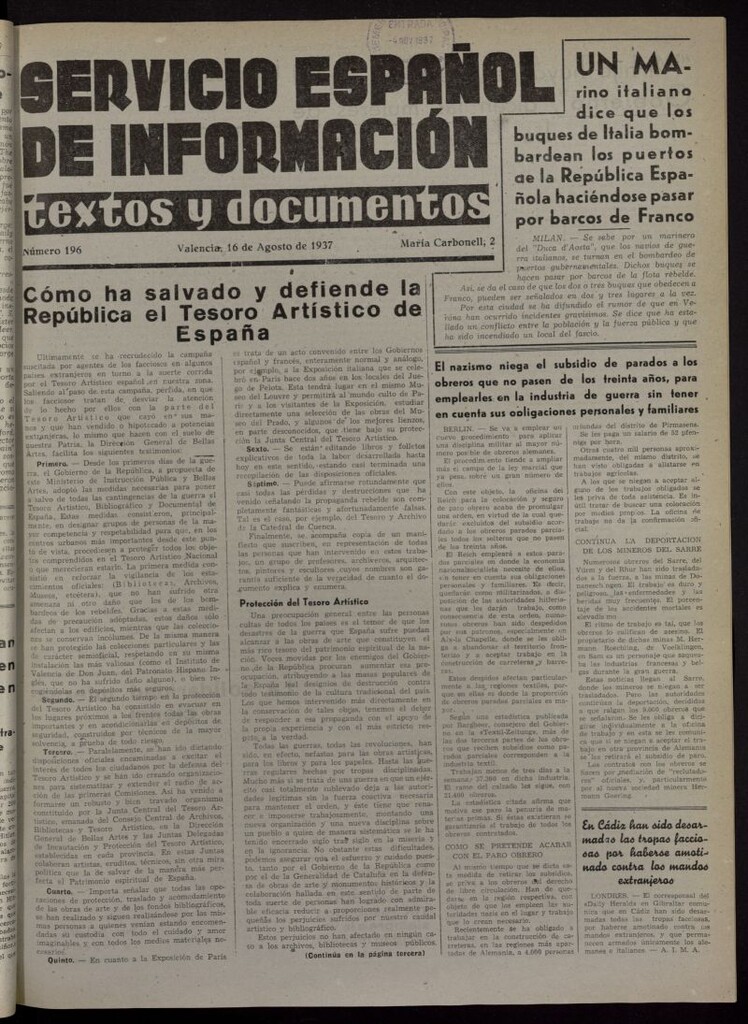 Miniatura de Servicio Español de Información : textos y documentos del 16 de agosto de 1937, nº 196