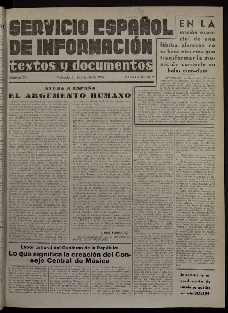 Miniatura de Servicio Español de Información : textos y documentos del 20 de agosto de 1937, nº 200