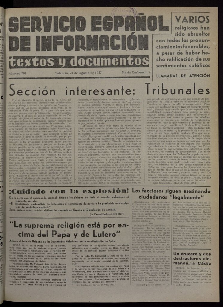 Miniatura de Servicio Español de Información : textos y documentos del 21 de agosto de 1937, nº 201