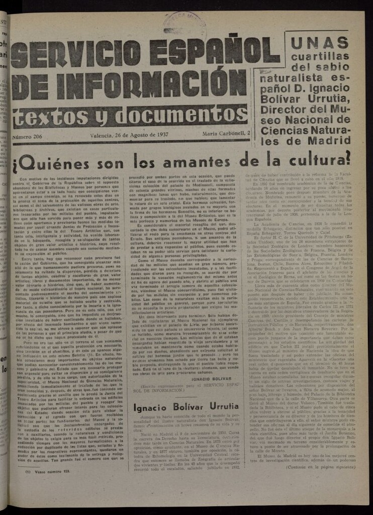 Miniatura de Servicio Español de Información : textos y documentos del 26 de agosto de 1937, nº 206