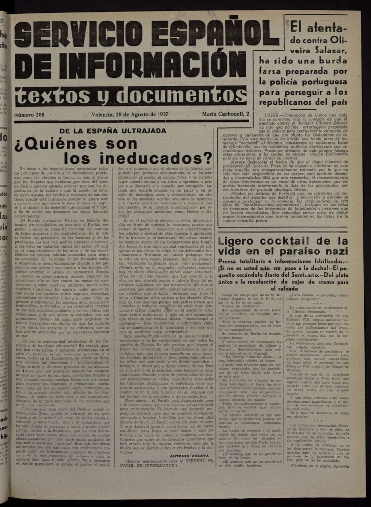 Miniatura de Servicio Español de Información : textos y documentos del 28 de agosto de 1937, nº 208