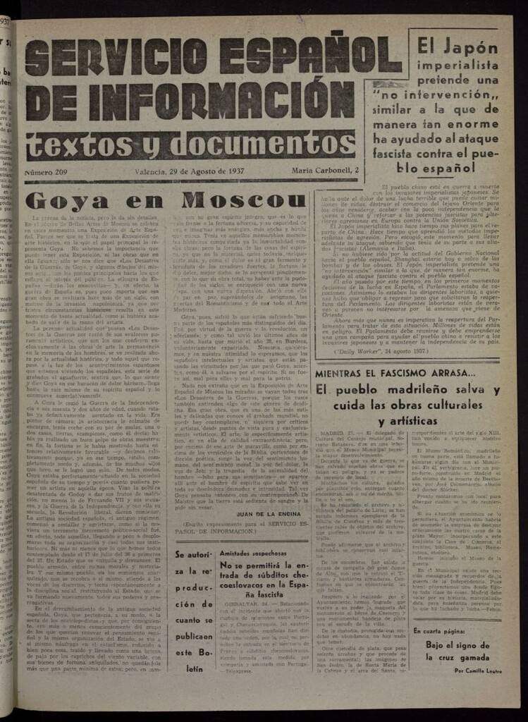 Miniatura de Servicio Español de Información : textos y documentos del 29 de agosto de 1937, nº 209