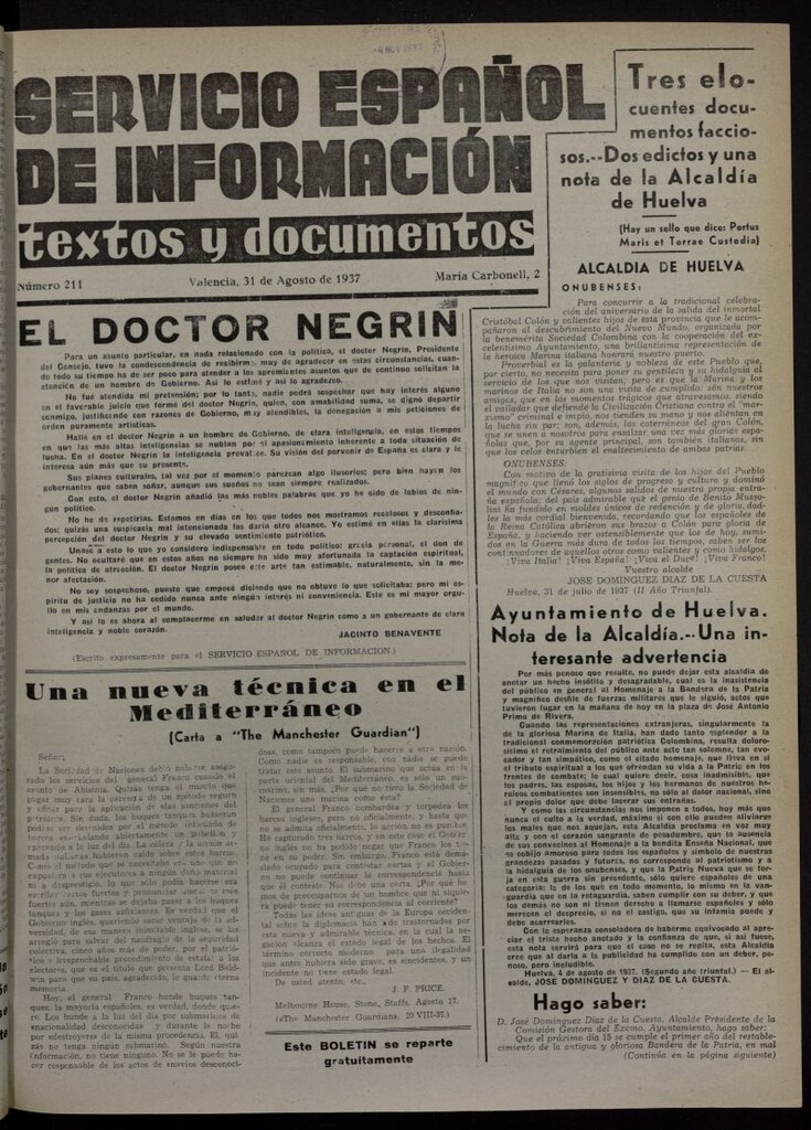 Miniatura de Servicio Español de Información : textos y documentos del 31 de agosto de 1937, nº 211