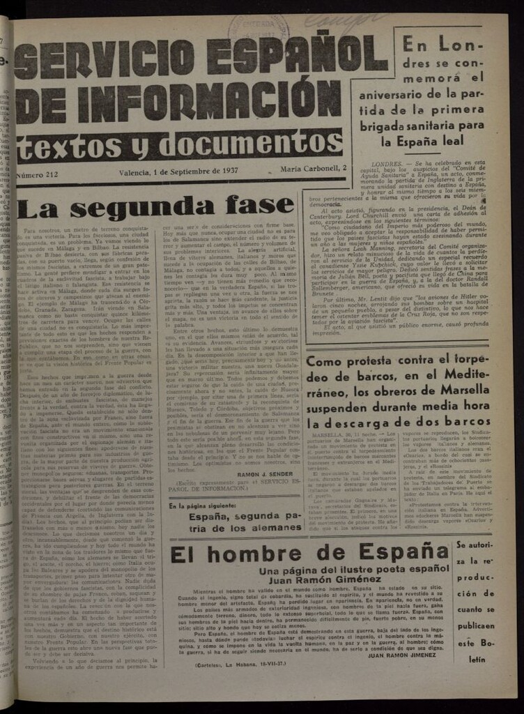 Miniatura de Servicio Español de Información : textos y documentos del 1 de septiembre de 1937, nº 212