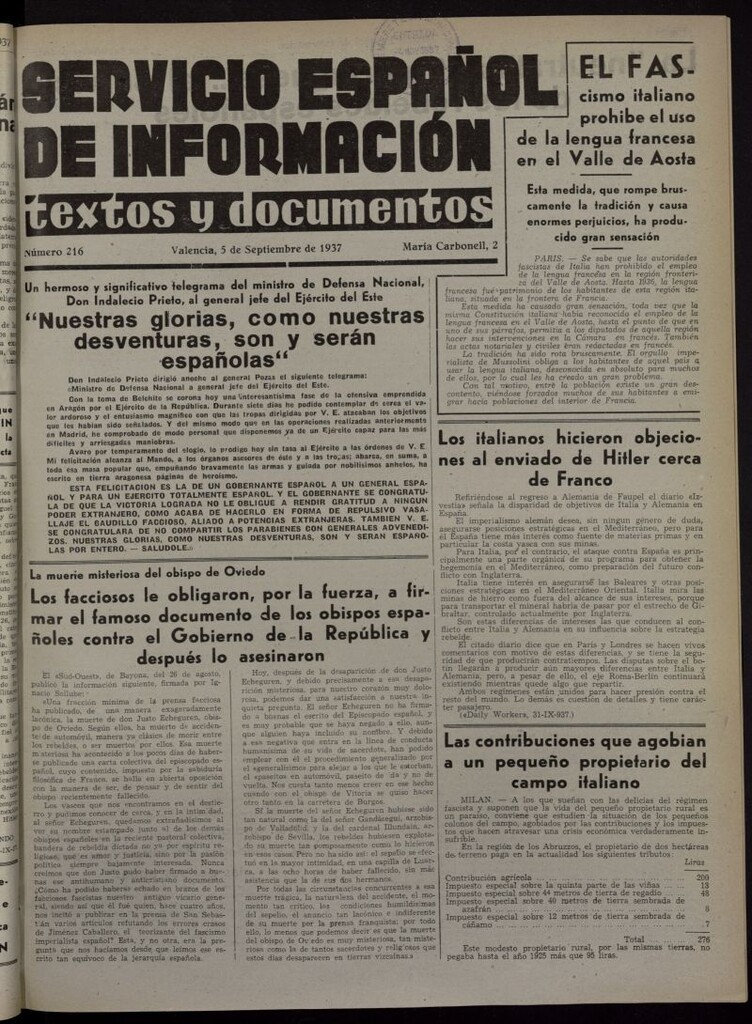 Miniatura de Servicio Español de Información : textos y documentos del 5 de septiembre de 1937, nº 216