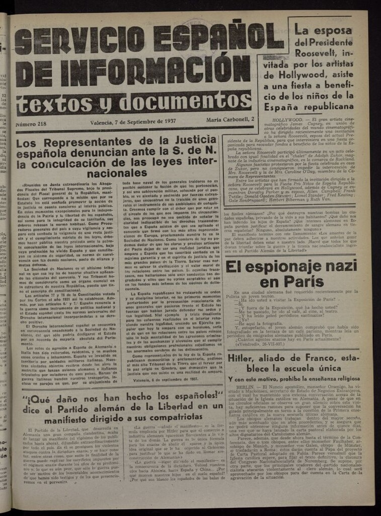 Miniatura de Servicio Español de Información : textos y documentos del 7 de septiembre de 1937, nº 218