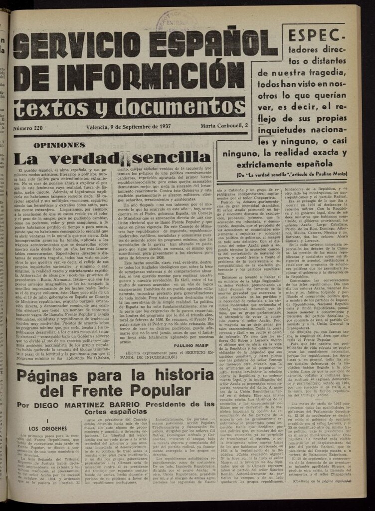 Miniatura de Servicio Español de Información : textos y documentos del 9 de septiembre de 1937, nº 220