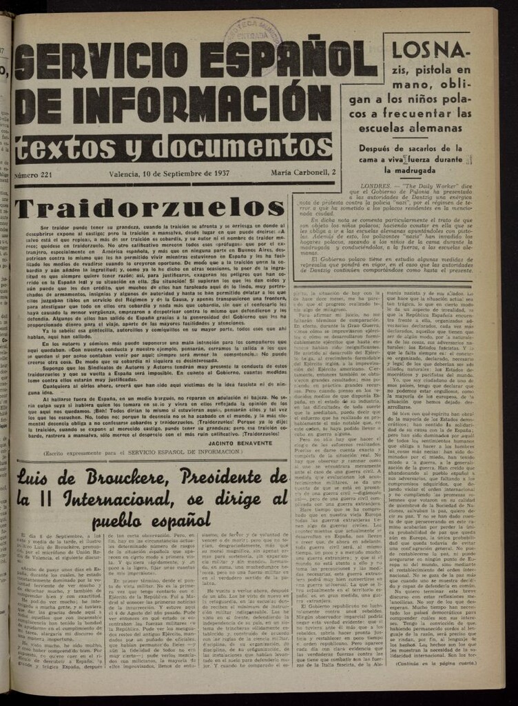 Miniatura de Servicio Español de Información : textos y documentos del 10 de septiembre de 1937, nº 221