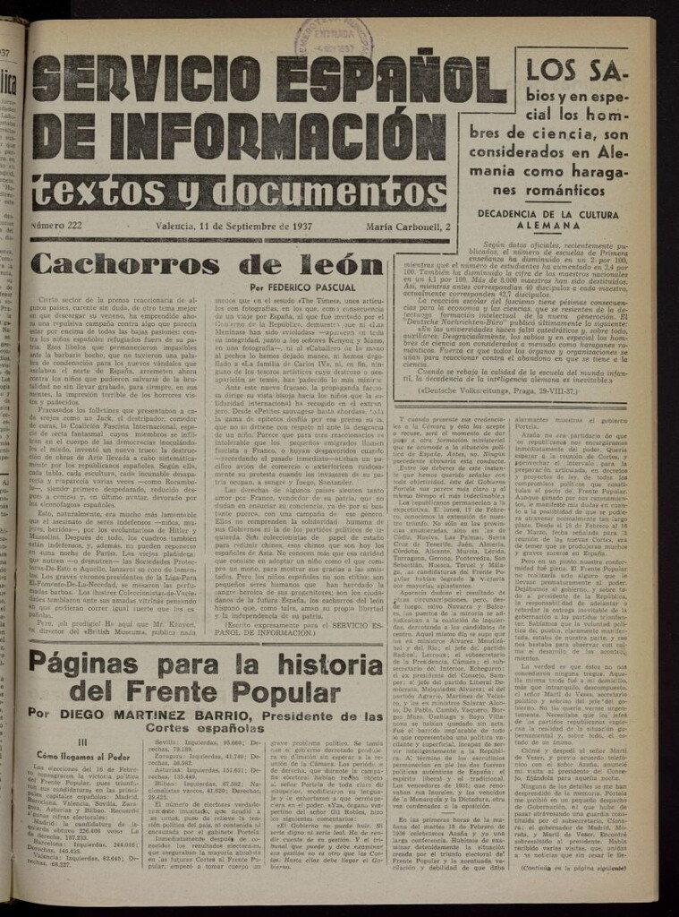 Miniatura de Servicio Español de Información : textos y documentos del 11 de septiembre de 1937, nº 222