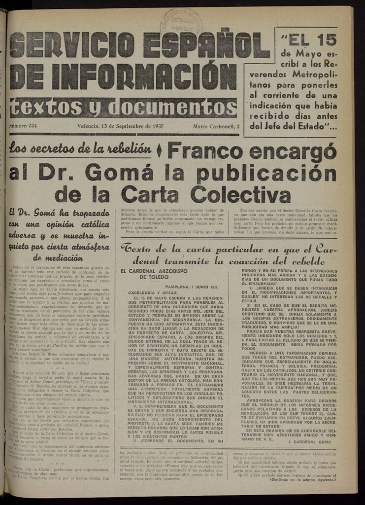 Miniatura de Servicio Español de Información : textos y documentos del 13 de septiembre de 1937, nº 224