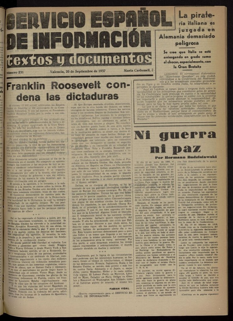 Miniatura de Servicio Español de Información : textos y documentos del 20 de septiembre de 1937, nº 231