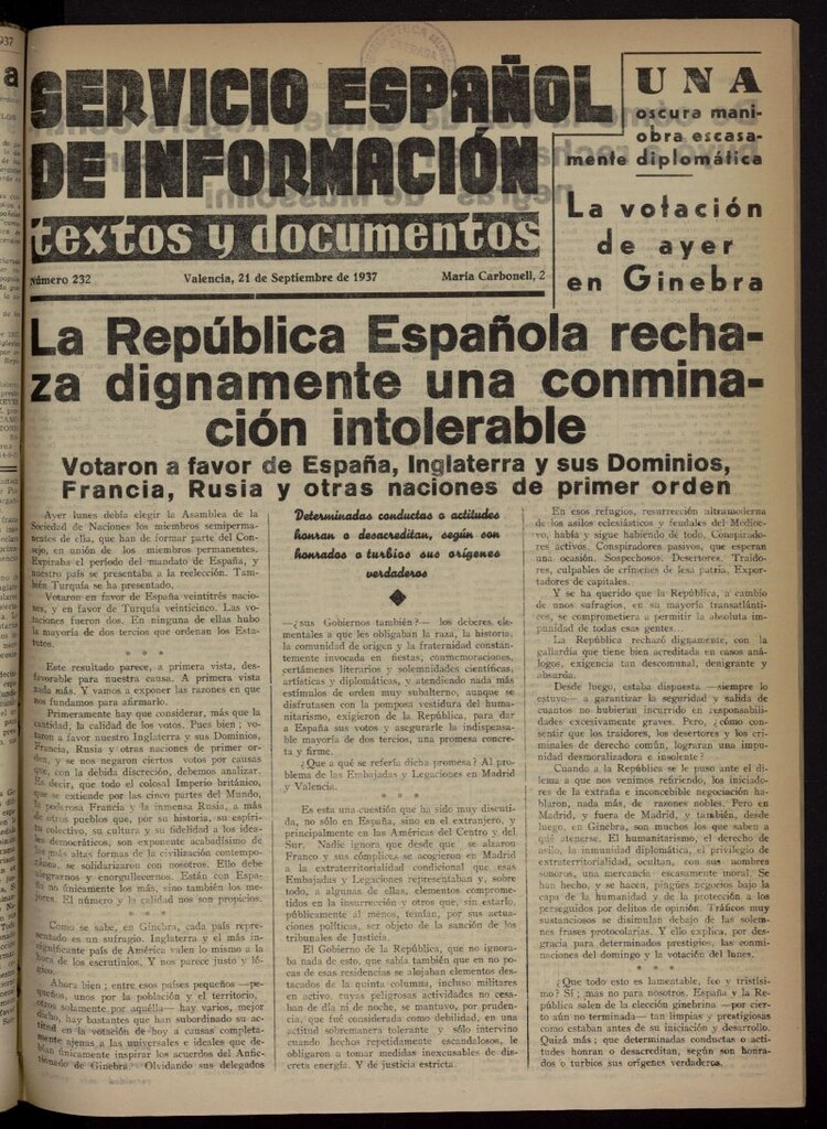 Miniatura de Servicio Español de Información : textos y documentos del 21 de septiembre de 1937, nº 232