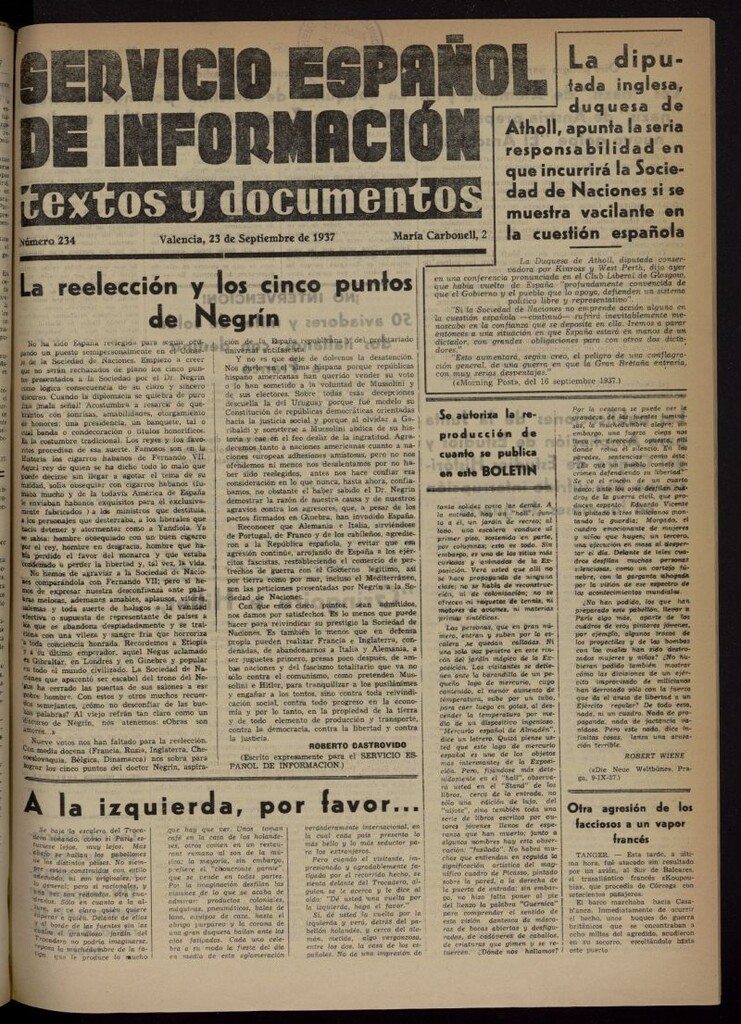 Miniatura de Servicio Español de Información : textos y documentos del 23 de septiembre de 1937, nº 234