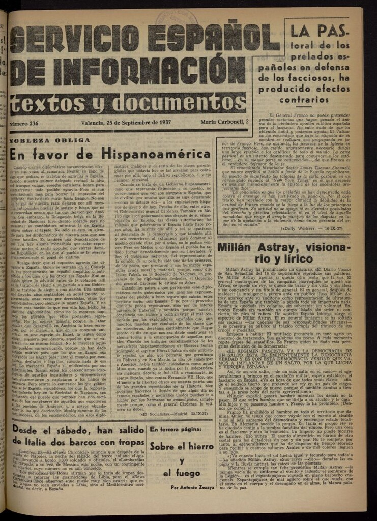 Miniatura de Servicio Español de Información : textos y documentos del 25 de septiembre de 1937, nº 236