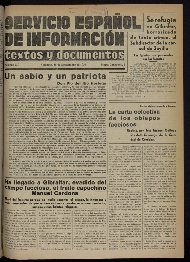 Miniatura de Servicio Español de Información : textos y documentos del 28 de septiembre de 1937, nº 239