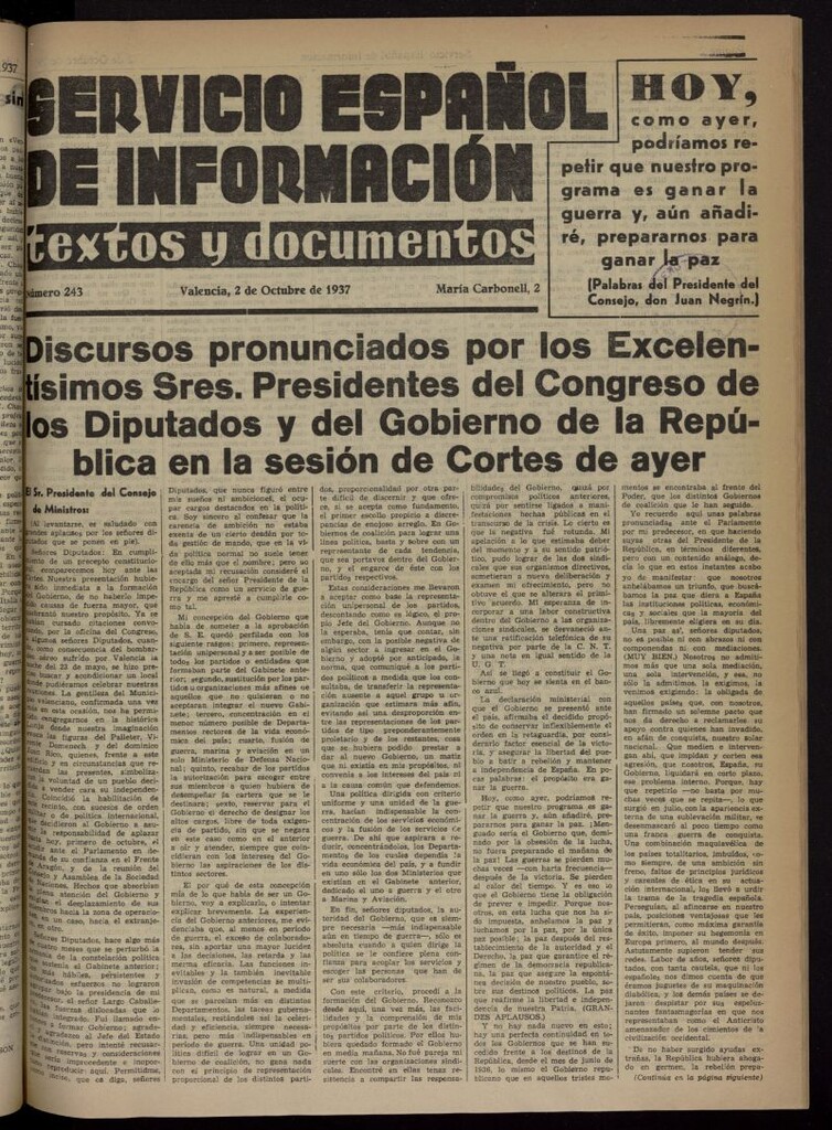 Miniatura de Servicio Español de Información : textos y documentos del 2 de octubre de 1937, nº 243