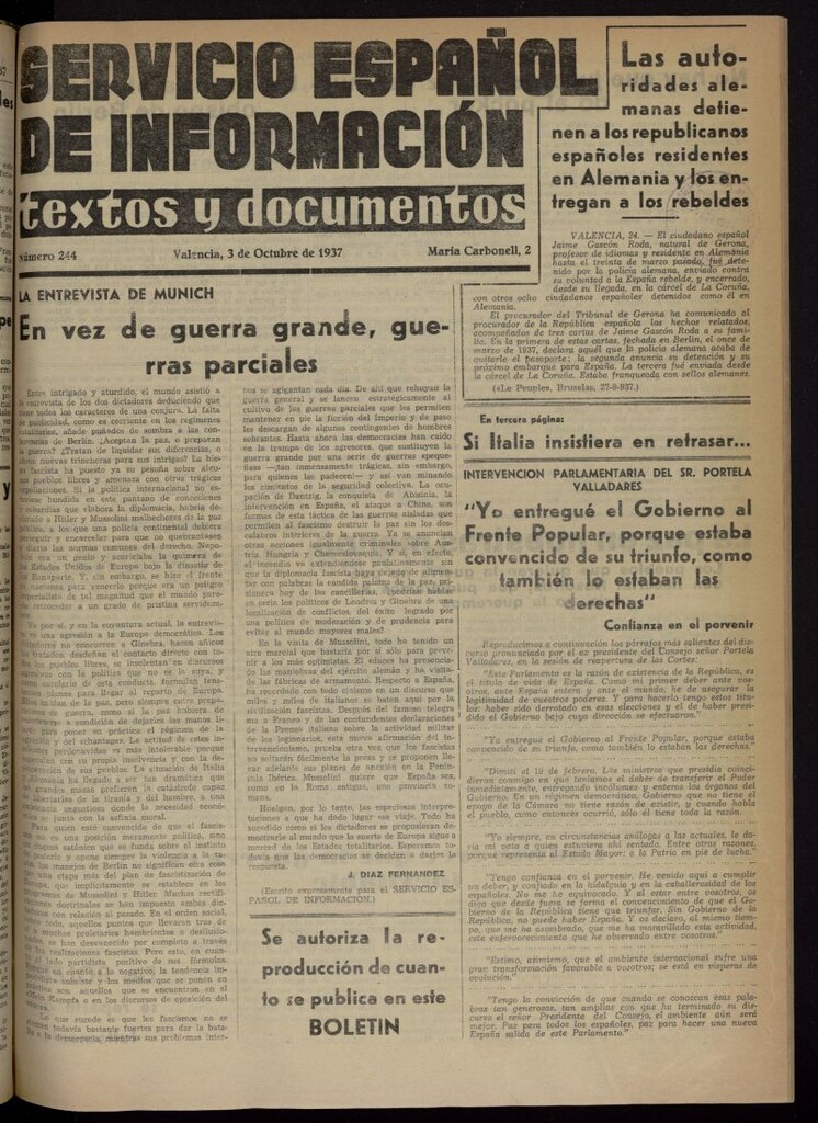 Miniatura de Servicio Español de Información : textos y documentos del 3 de octubre de 1937, nº 244