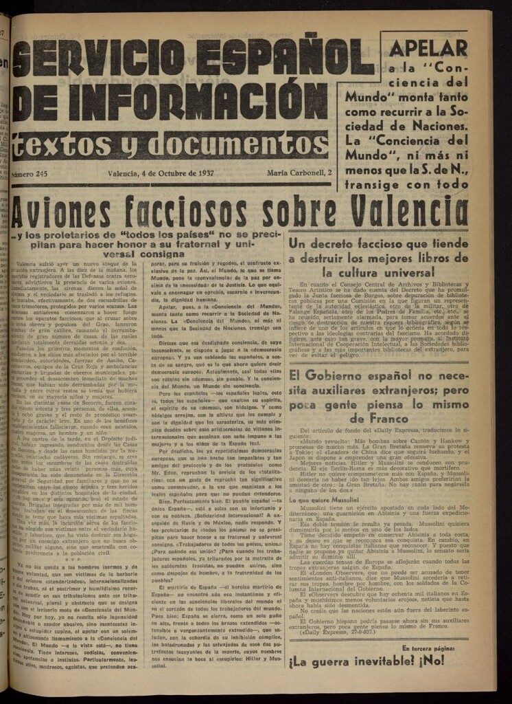 Miniatura de Servicio Español de Información : textos y documentos del 4 de octubre de 1937, nº 245