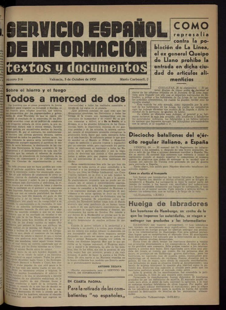 Miniatura de Servicio Español de Información : textos y documentos del 5 de octubre de 1937, nº 246