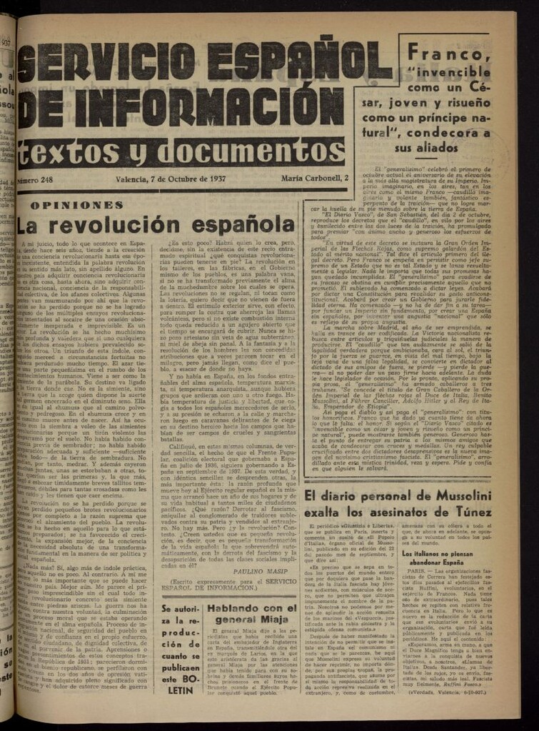 Miniatura de Servicio Español de Información : textos y documentos del 7 de octubre de 1937, nº 248