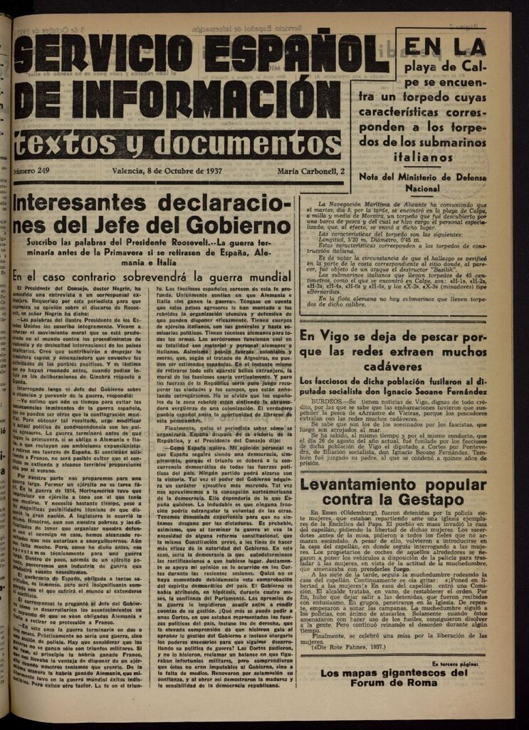 Miniatura de Servicio Español de Información : textos y documentos del 8 de octubre de 1937, nº 249