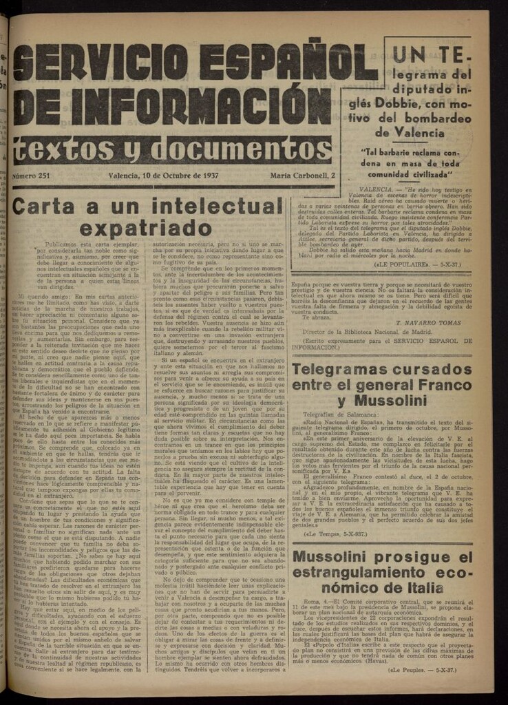 Miniatura de Servicio Español de Información : textos y documentos del 10 de octubre de 1937, nº 251