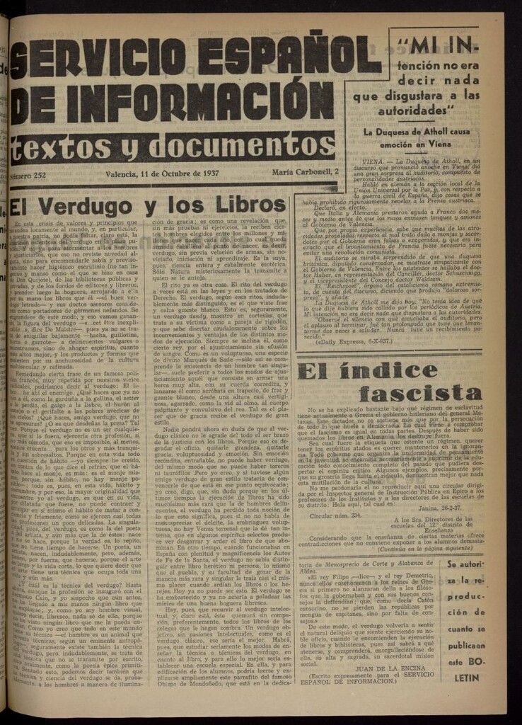 Miniatura de Servicio Español de Información : textos y documentos del 11 de octubre de 1937, nº 252