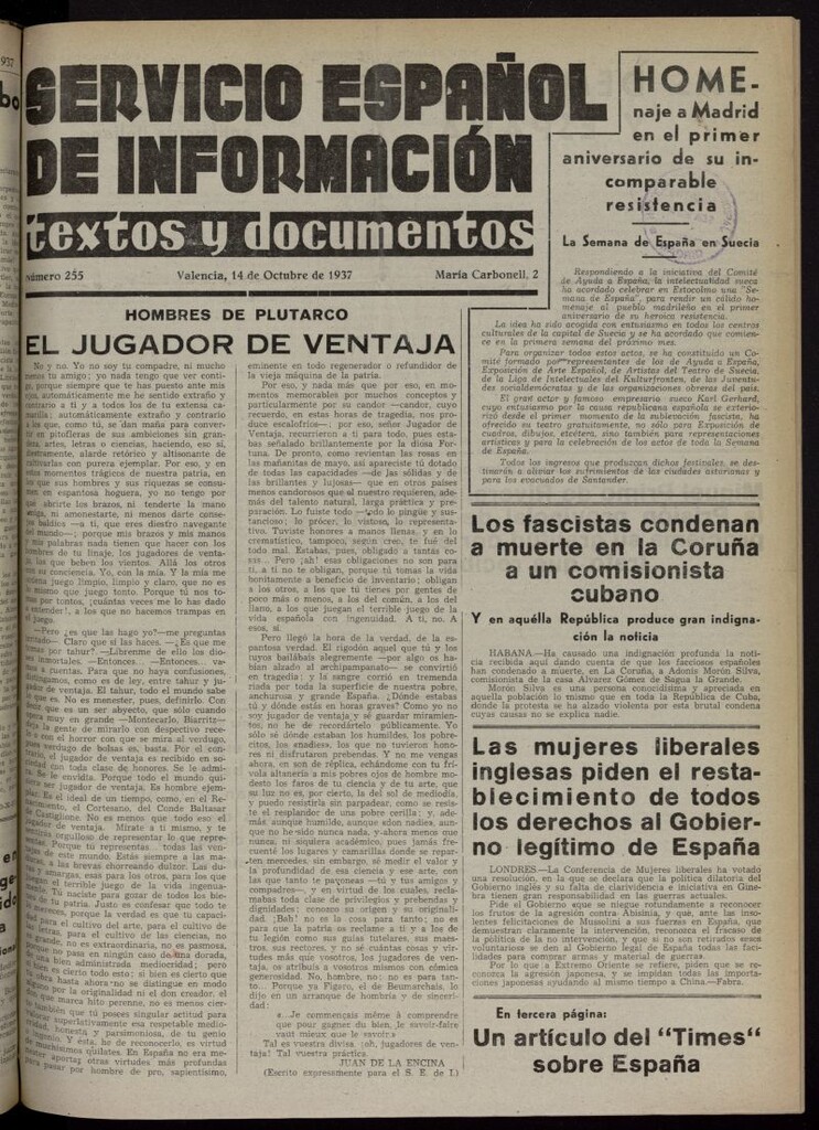 Miniatura de Servicio Español de Información : textos y documentos del 14 de octubre de 1937, nº 255