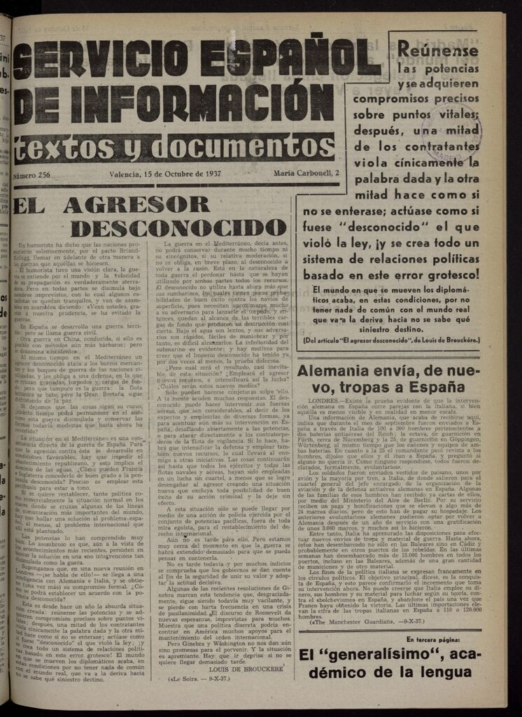 Miniatura de Servicio Español de Información : textos y documentos del 15 de octubre de 1937, nº 256