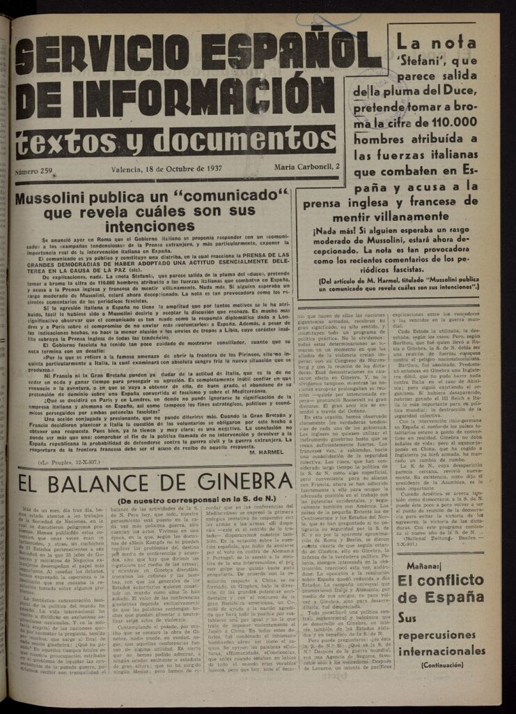 Miniatura de Servicio Español de Información : textos y documentos del 18 de octubre de 1937, nº 259