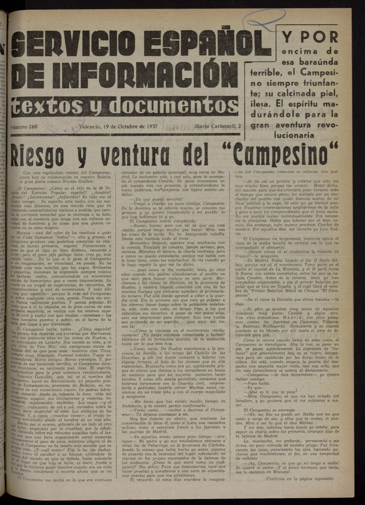Miniatura de Servicio Español de Información : textos y documentos del 19 de octubre de 1937, nº 260