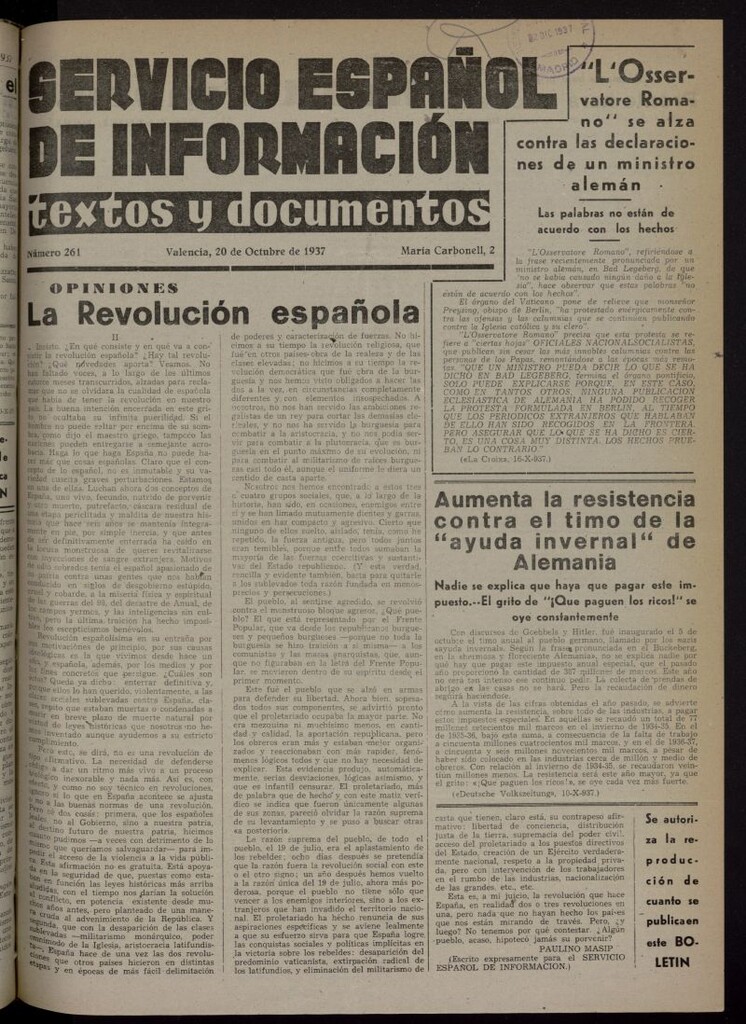 Miniatura de Servicio Español de Información : textos y documentos del 20 de octubre de 1937, nº 261