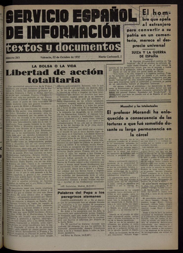 Miniatura de Servicio Español de Información : textos y documentos del 22 de octubre de 1937, nº 263
